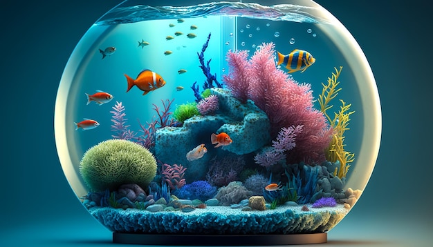 Grande aquário de vidro com IA geradora de peixes