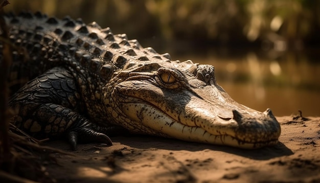 Grande crocodilo descansando em lagoa de floresta tropical gerada por ia