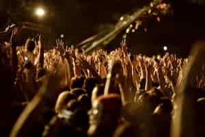 Foto grátis grande grupo de fãs com os braços levantados se divertindo em um show de música à noite