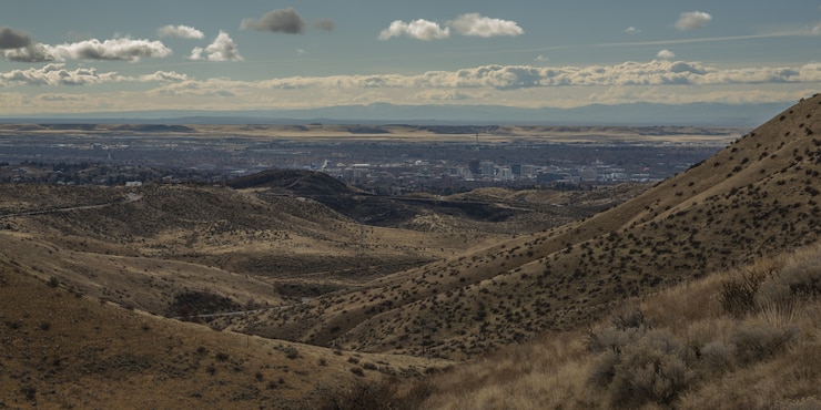 Foto grátis grande plano da montanha coberta de árvores com edifícios da cidade à distância sob um céu azul nublado
