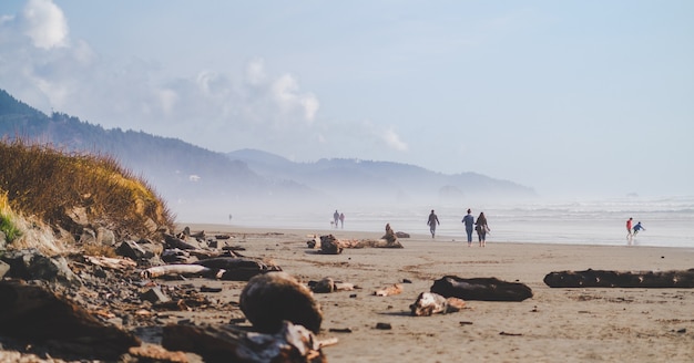 Grande plano de pessoas caminhando na praia com montanhas ao longe durante o dia