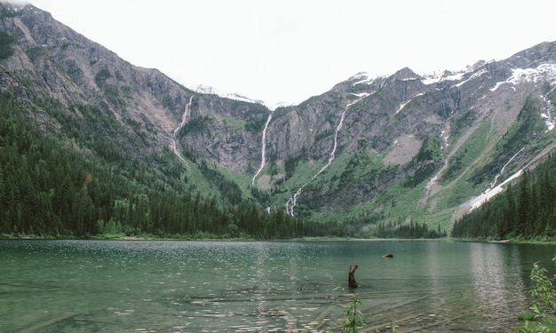 Grande plano do lago avalanche, perto de uma floresta e uma montanha à distância