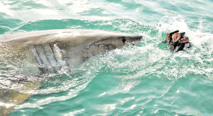 Foto grátis grande tubarão branco violando a superfície do mar para pegar isca de carne