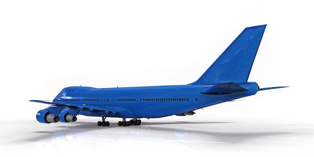 Grandes aeronaves de passageiros de grande capacidade para longos voos transatlânticos. avião azul sobre fundo branco isolado. ilustração 3d.