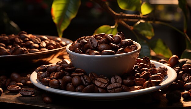 Grãos de café frescos em mesa de madeira perfeitos para viciados em cafeína gerados por inteligência artificial