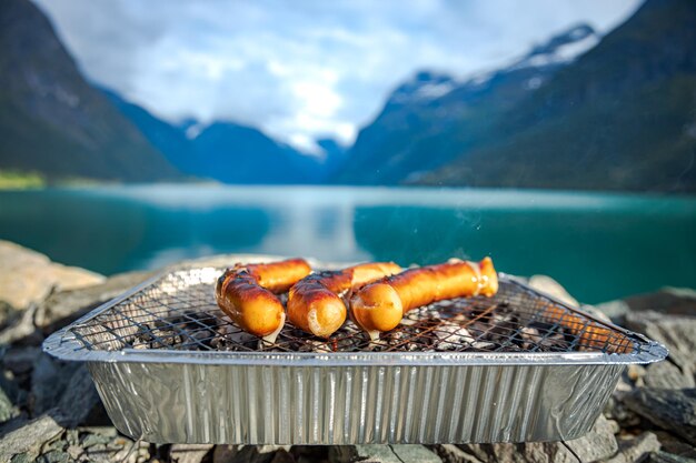 Grelhar salsichas na grelha descartável de churrasco. bela paisagem natural da noruega da natureza.