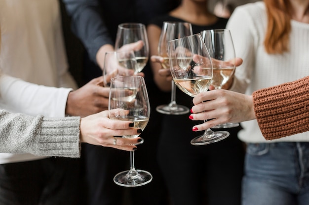 Grupo de amigos brindando taças de vinho juntos