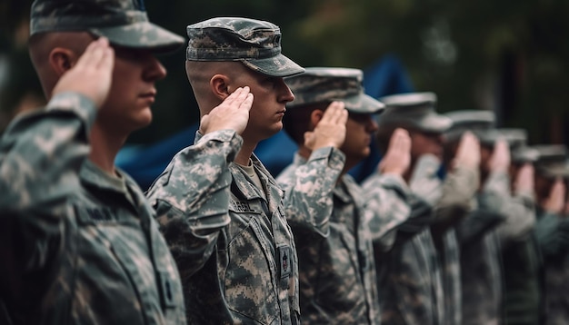 Grupo de homens do exército saudando a bandeira americana gerada por ai