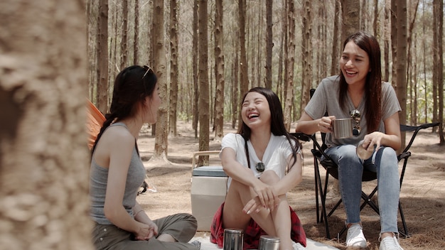 Grupo de jovens amigos asiáticos acampar ou fazer um piquenique juntos na floresta