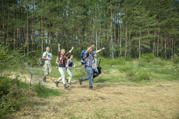 Grupo de jovens amigos felizes se divertindo na natureza em um dia ensolarado de verão
