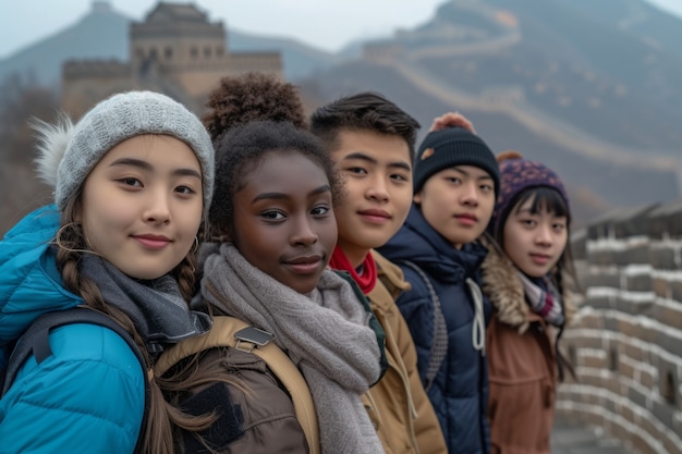 Foto grátis grupo de jovens amigos visitando a grande muralha da china