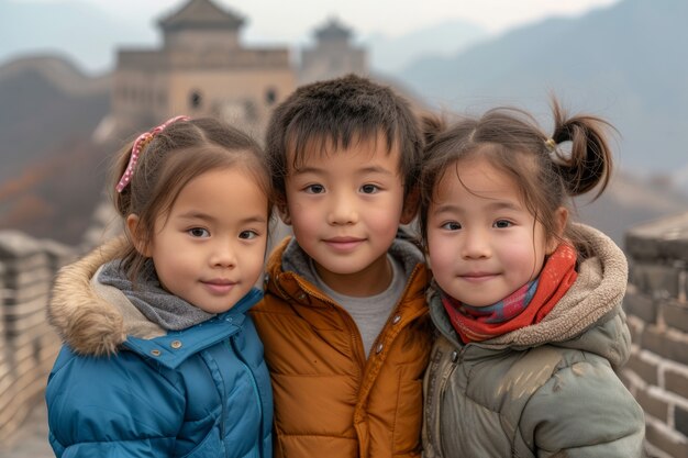 Grupo de jovens amigos visitando a Grande Muralha da China