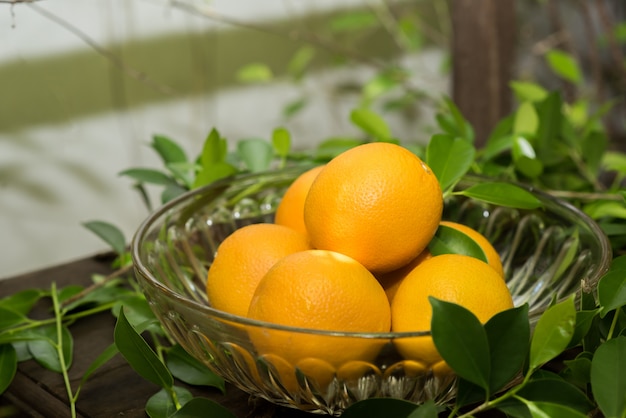 Grupo de laranjas recém colhido e seção em uma cesta