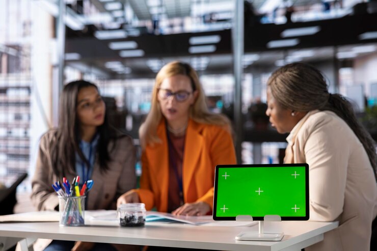 Foto grátis grupo de mulheres empresárias na indústria empresarial usando um modelo de espaço de cópia