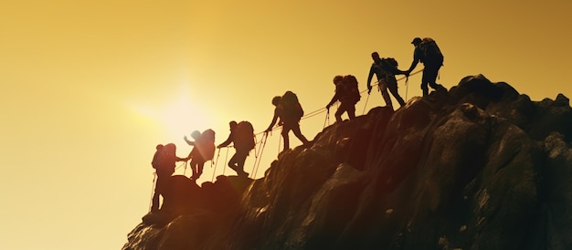Grupo de pessoas no pico de escalada ajudando o trabalho em equipe
