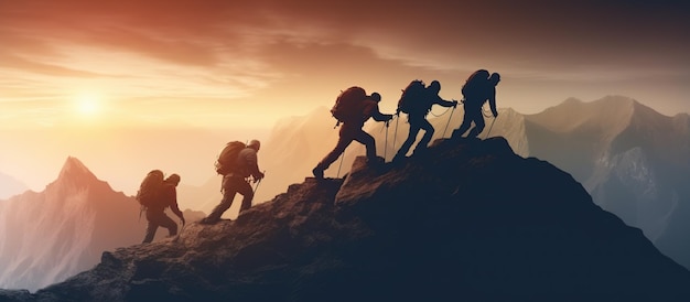 Foto grátis grupo de pessoas no pico de escalada ajudando o trabalho em equipe