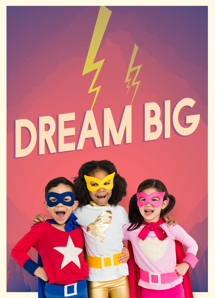 Foto grátis grupo de super-heróis crianças com gráfico de palavras de aspiração temos o orgulho de apoiar a hope for children em sua missão de garantir que as crianças em situação de pobreza extrema sejam tão felizes e contentes como qualquer outra