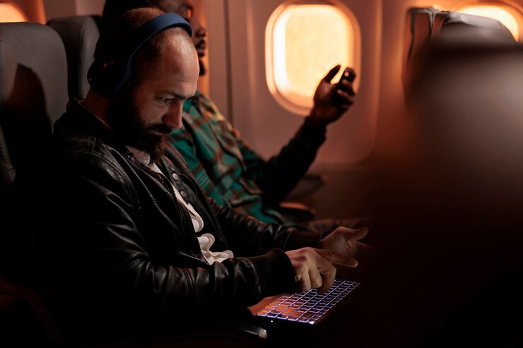 Foto grátis grupo diversificado de passageiros voando em classe econômica em jato de avião, viajando para destino de férias. usando laptop e smartphone durante o voo do pôr do sol antes de chegar na viagem de férias.
