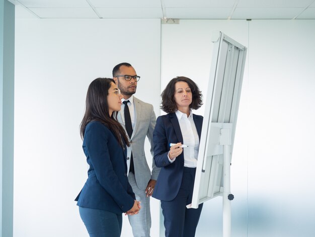 Grupo empresarial de três estudando desenho no quadro branco