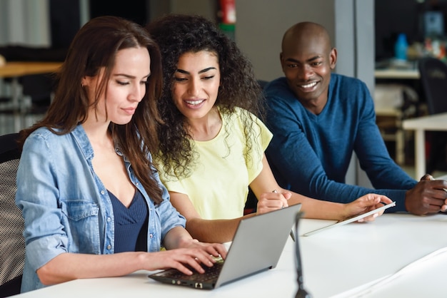 Grupo multiétnico de jovens que estudam com laptop