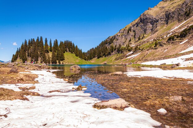 Águas do lago Lac Lioson cercado por árvores e montanhas na Suíça