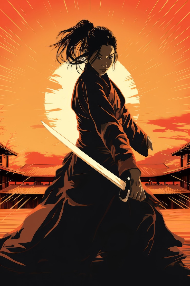 Foto grátis guerreira samurai no pôr-do-sol com katana