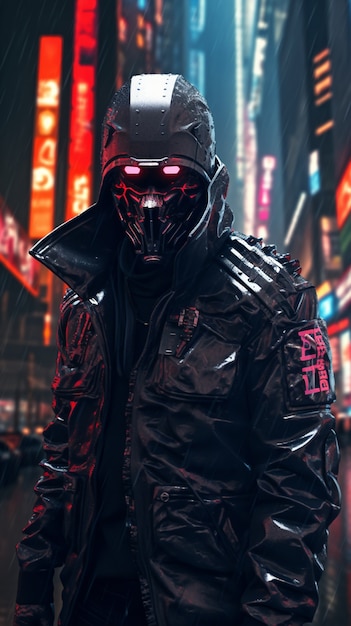 Guerreiro cyberpunk em cenário urbano