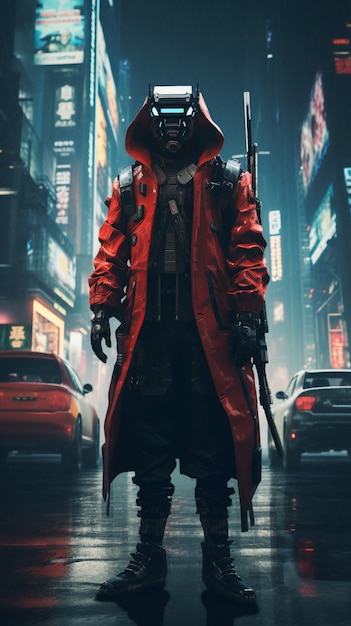 Guerreiro cyberpunk em cenário urbano