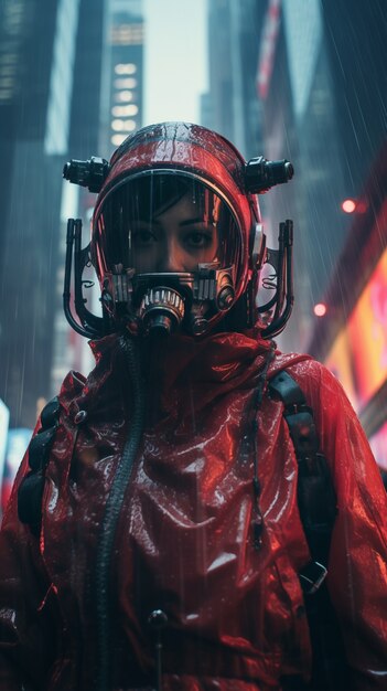 Guerreiro cyberpunk em cenário urbano