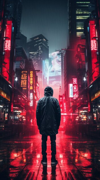 Guerreiro cyberpunk em cenário urbano