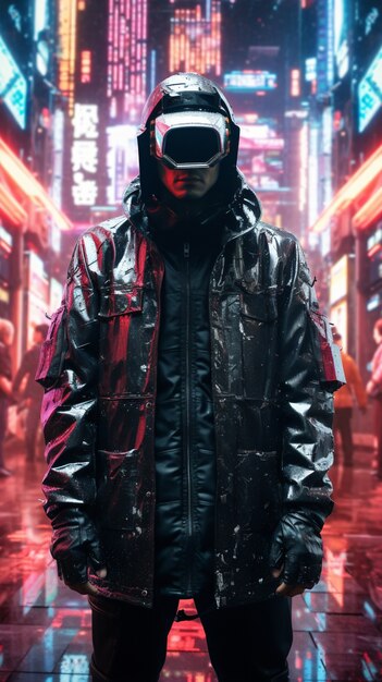 Guerreiro cyberpunk em cenário urbano