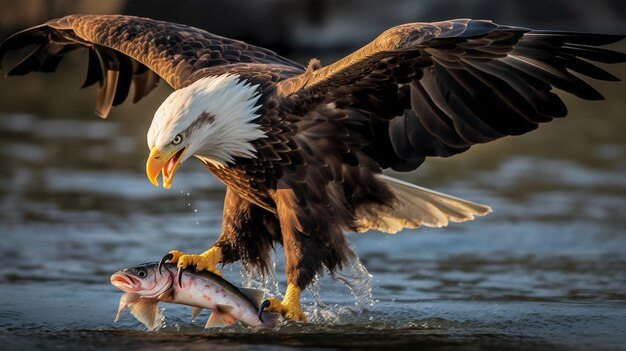 Águia caçando no rio