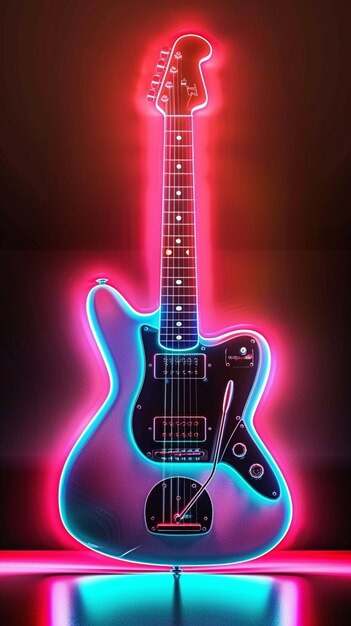 Guitarra elétrica com luz de néon, natureza morta.