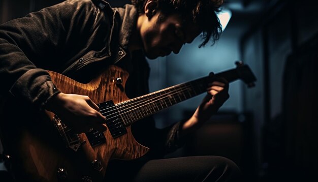 Guitarrista caucasiano tocando guitarra elétrica no palco gerado por IA