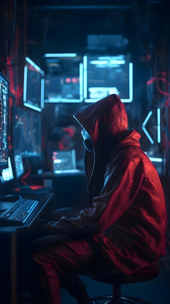Hacker com capuz em um capuz vermelho sentado na frente do monitor do computador Conceito de cibercrime