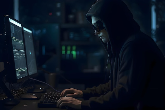 Foto grátis hackers com capuz roubando dados de computadores pessoais à noite conceito de cibercrime