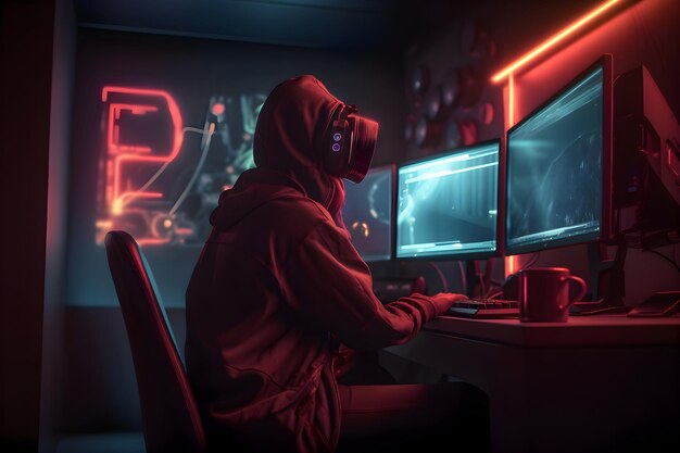 Foto grátis hackers encapuzados usando um computador em uma sala escura conceito de cibercrime