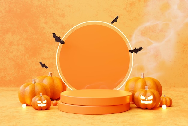 Halloween com fumaça de nuvem e pódio de abóbora exibição de fundo de exibição de produto 3d ilustração