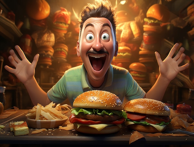 Hambúrguer 3D delicioso com homem animado
