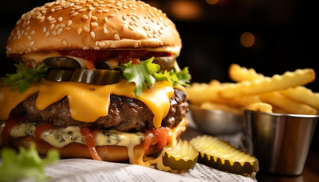 Foto grátis hambúrguer de carne grelhada com batatas fritas com queijo e frescura gerada pela ia