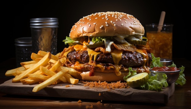 Foto grátis hambúrguer de carne grelhada com batatas fritas com queijo e refrigerante de cola gerado por inteligência artificial