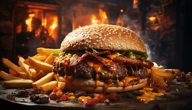 Hambúrguer de carne grelhada com batatas fritas, queijo e legumes frescos gerados por inteligência artificial