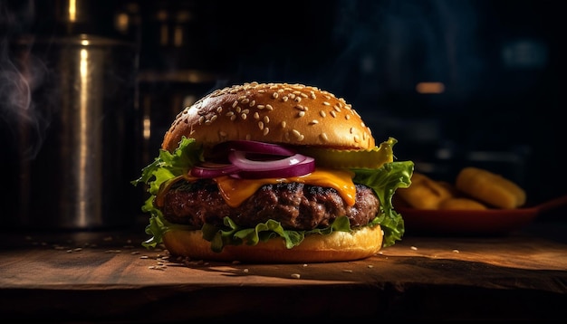 Foto grátis hambúrguer de carne grelhada com queijo e batatas fritas generative ai