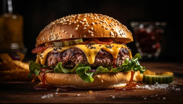 Hambúrguer de carne grelhada com queijo e tomate gerado por IA