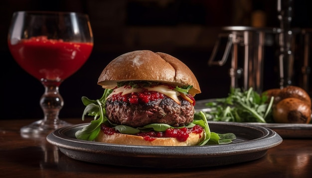 Foto grátis hambúrguer de carne grelhada com queijo, tomate e cebola gerado por ia