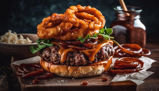 Foto grátis hambúrguer de carne grelhada na mesa de madeira rústica gerada por ia