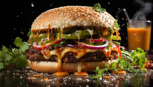 Foto grátis hambúrguer gourmet grelhado com queijo de tomate fresco e fatia de cebola gerado por inteligência artificial