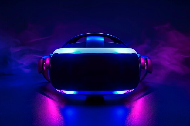 Headset de alta tecnologia cercado por cores de néon azuis brilhantes.