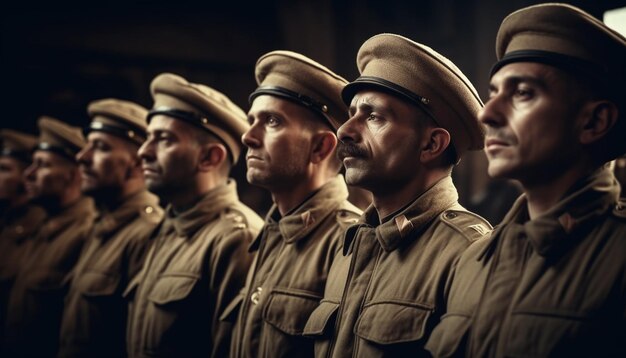 Heróis de uniforme marcham em desfile patriótico gerado por IA