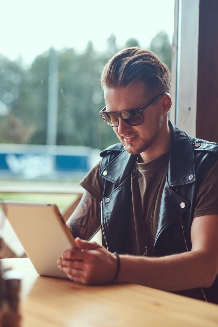 Foto grátis hipster bonito com um corte de cabelo elegante e barba senta-se em uma mesa em um café na estrada, parece algo no tablet.